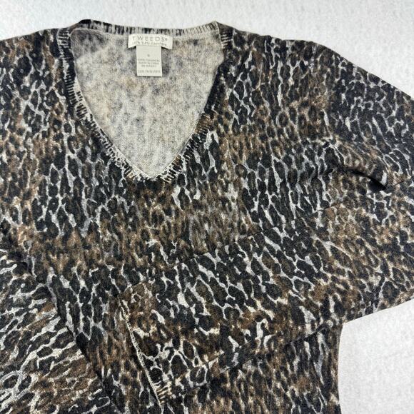 Tweeds 100% 2 Ply Cashmere Leopard Animal Print LS Size Small V Neck Sweater Top - Picture 1 of 9